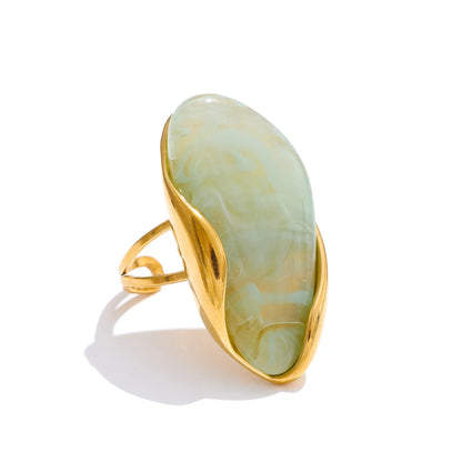 New Design Brown Green Beige Resin Geometric Adjustable Ring Golden PVD Stainless Steel Rust Proof Finger Jewelry Gift