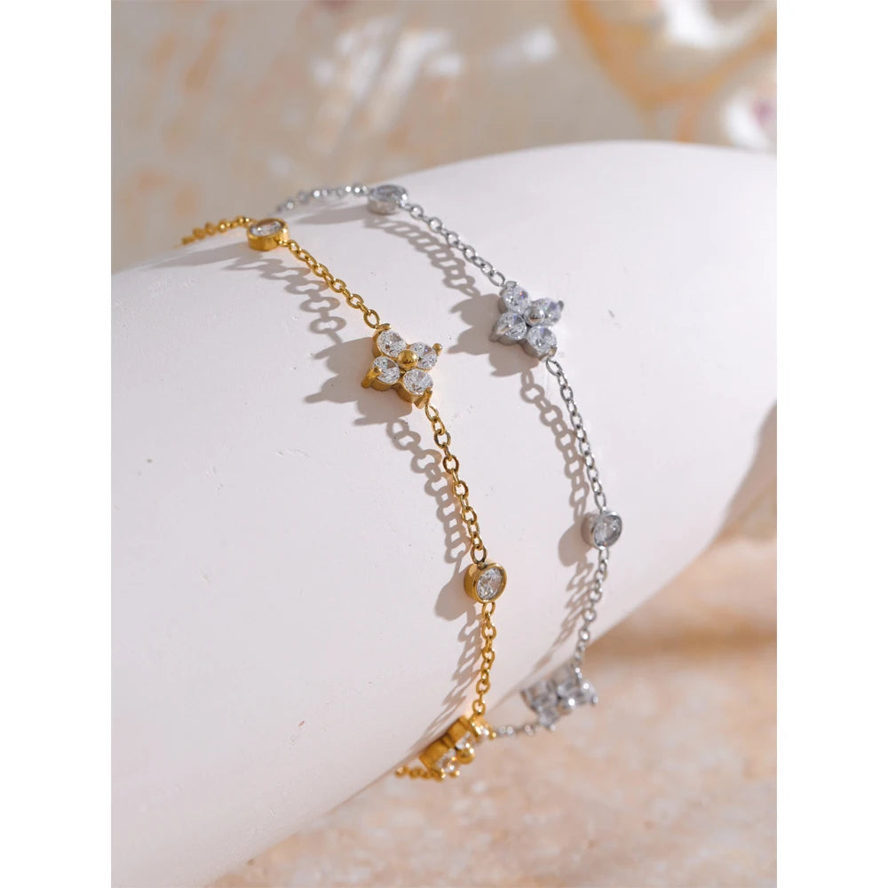 Delicate Cubic Zirconia Flower Chain Thin Bracelet Bangle Stainless Steel Rust Proof Office Ladies Chic Jewelry New Gift