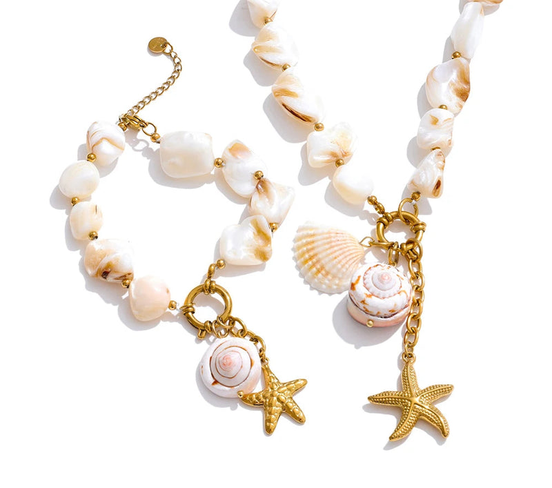 Ocean Style Shell Chain Conch Starfish Drop Necklace Bracelet Bangle Stainless Steel Summer Beach Jewelry Gift