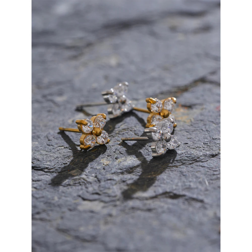 Popular Waterproof Shiny Cubic Zirconia Flower Sweet Stud Earrings 316L Stainless Steel Delicate Premium Daily Jewelry