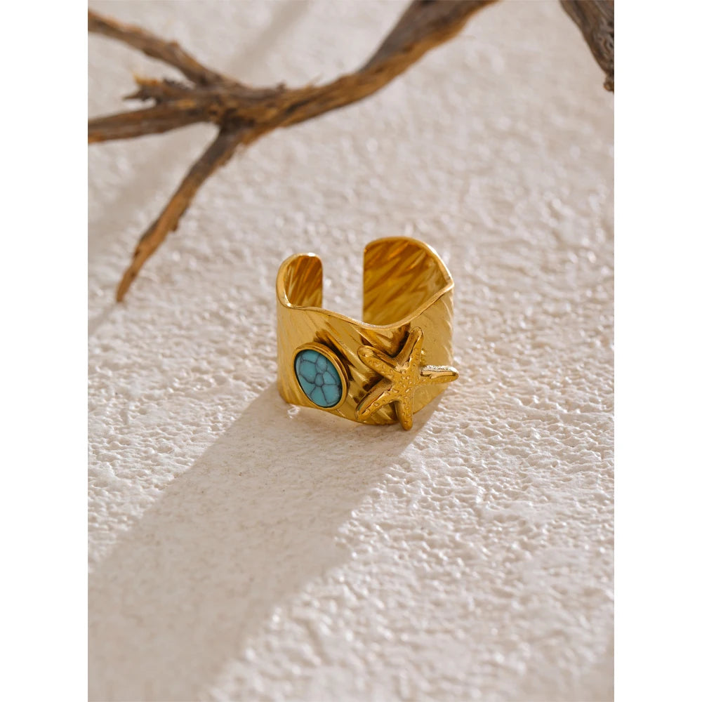 Ocean Style Blue Turquoise Starfish Open Ring 18K Golden PVD Plated Stainless Steel Summer Trending Jewelry Vintage
