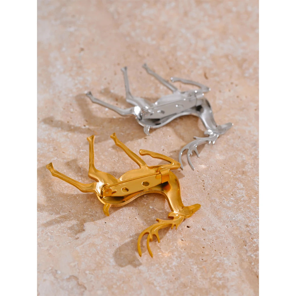 Stainless Steel Christmas Deer Brooches Pin 18K PVD Plated Waterproof Unisex Jewelry for Women Men Animal Lucky Accessory