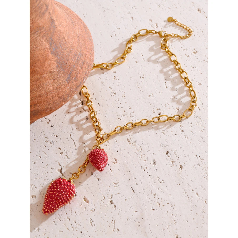 Waterproof Sweet Red Lovey Strawberry Charms Pendant Necklace for Women Stainless Steel New Arrivals Trend Jewelry 2025