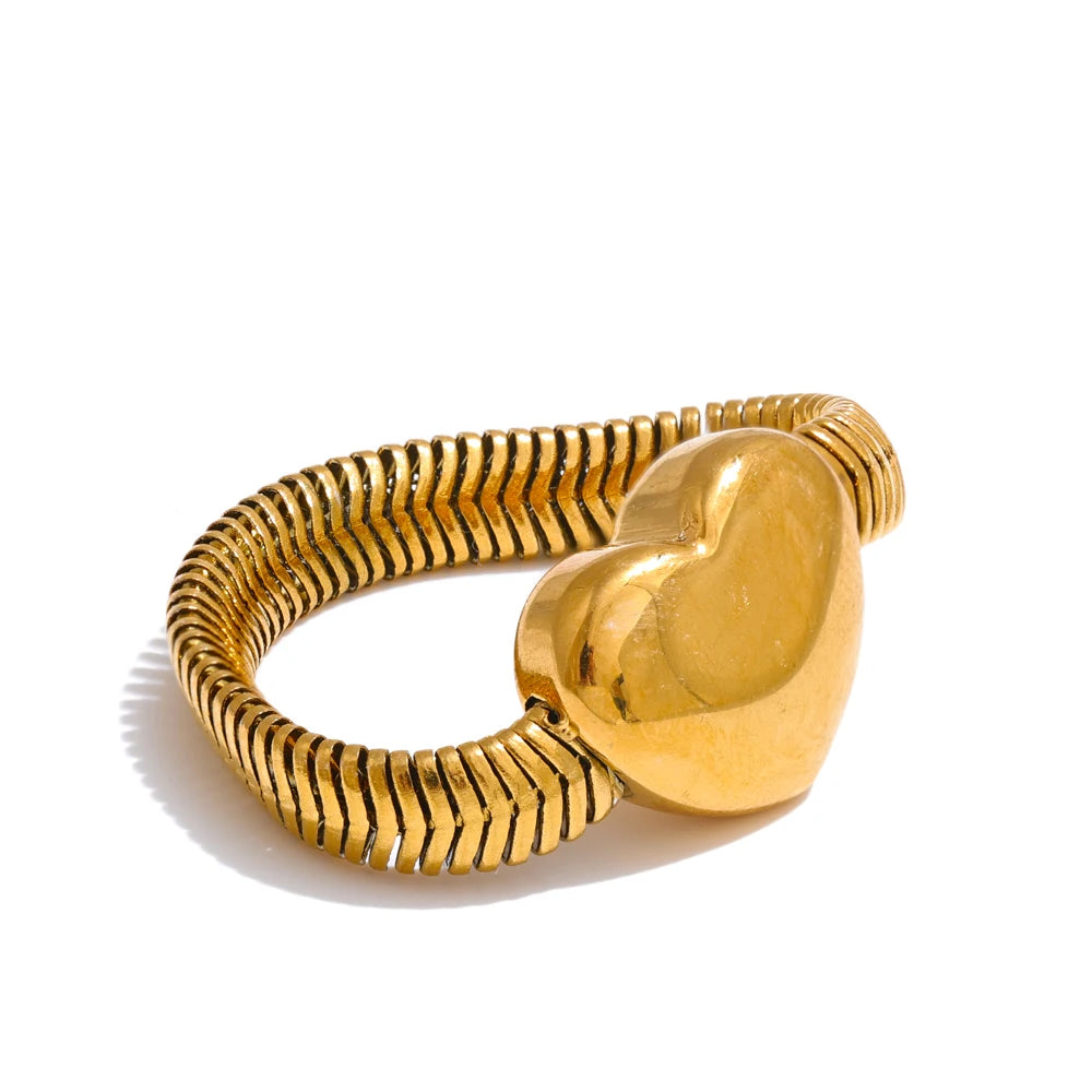 678# Fashion Metal Snake Chain Heart Statement Ring 18K Gold Color PVD Plated Essentials Trendy Charm Finger Jewelry Gift