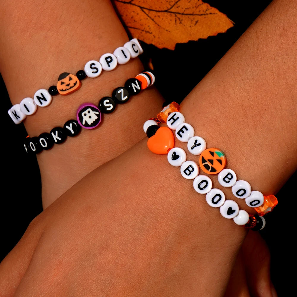 Vibrant Halloween Pumpkin Ghost Handmade Clay Bead Crystal Bracelet - Unique Party Suitable