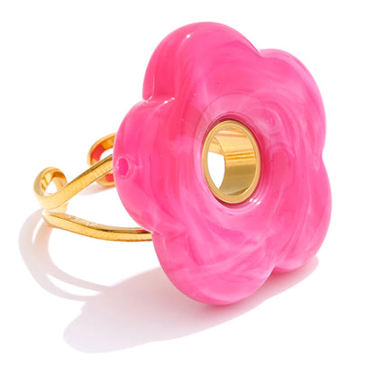 Pink Green Yellow Grey Thick Resin Flower Adjustable Ring 18K Golden Plated Stainless Steel Y2K Arrivals Popular Jewelry