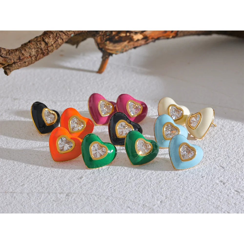 6Color Enamel Shiny Cubic Zirconia Stainless Steel Heart Colorful Stud Earrings Exquisite High Quality Y2K Fashion Jewelry