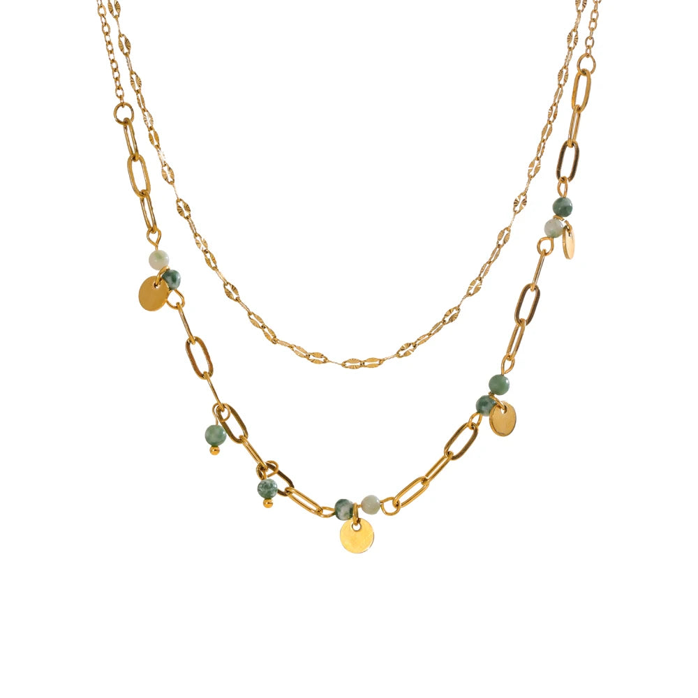 Exquisite Stainless Steel Green Natural Stone Double-Layer Chain Stacking Necklace for Women High Quality Jewelry Gift
