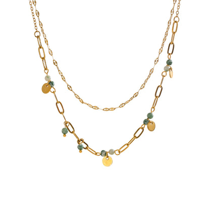 Exquisite Stainless Steel Green Natural Stone Double-Layer Chain Stacking Necklace for Women High Quality Jewelry Gift