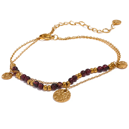 Stainless Steel Layered Summer Anklet Chic Stylish Jewelry Fashion Natural Garnet Stone Beads Handmade Chain Women