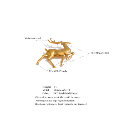 Stainless Steel Christmas Deer Brooches Pin 18K PVD Plated Waterproof Unisex Jewelry for Women Men Animal Lucky Accessory