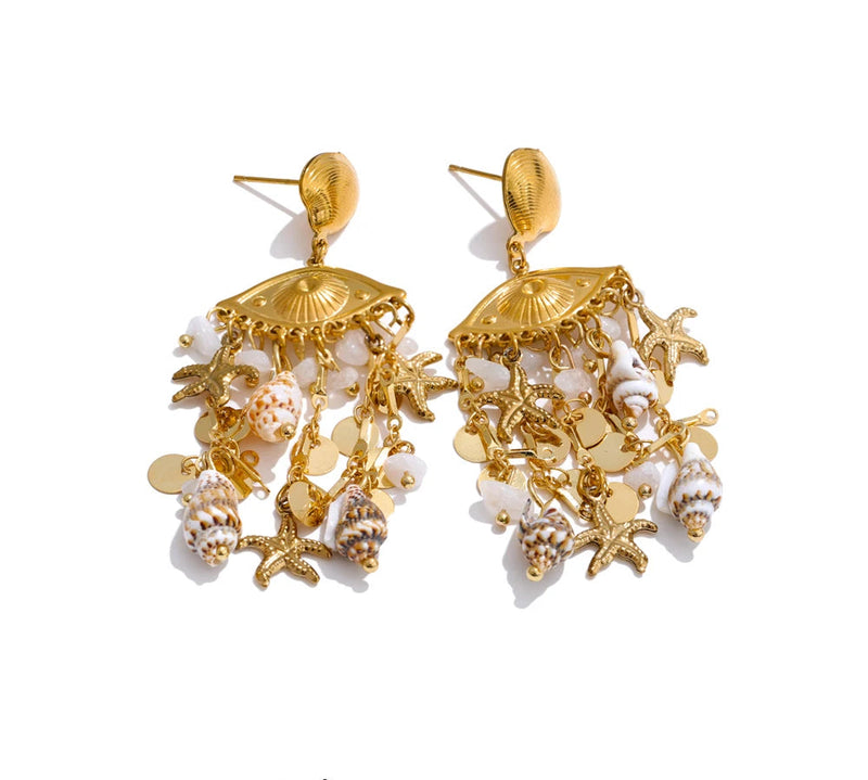 Ocean Style Shell Conch Starfish Dangle Earrings Stainless Steel Summer Golden Holiday Jewelry Accessories