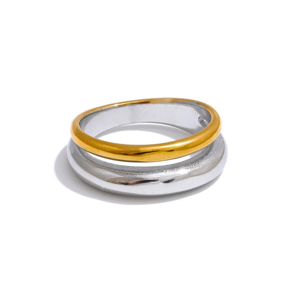 6789# Statement Stainless Steel Metal Double Color Geometric Casting Ring for Women Water Resistant Trendy Jewelry Gift