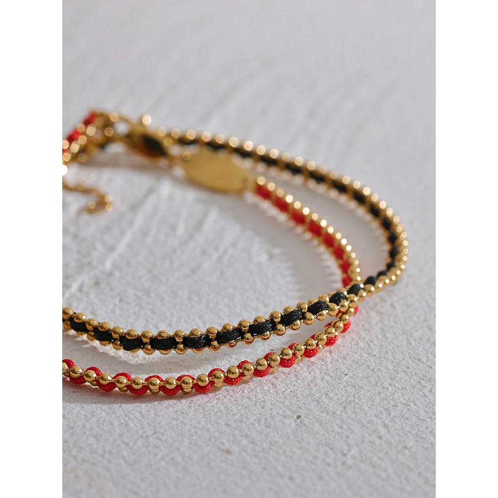 Exquisite Black Red Polyester Thread Handmade Chain Chic Thin Bracelet Bangle Stainless Steel Korean Dainty Jewelry Gift