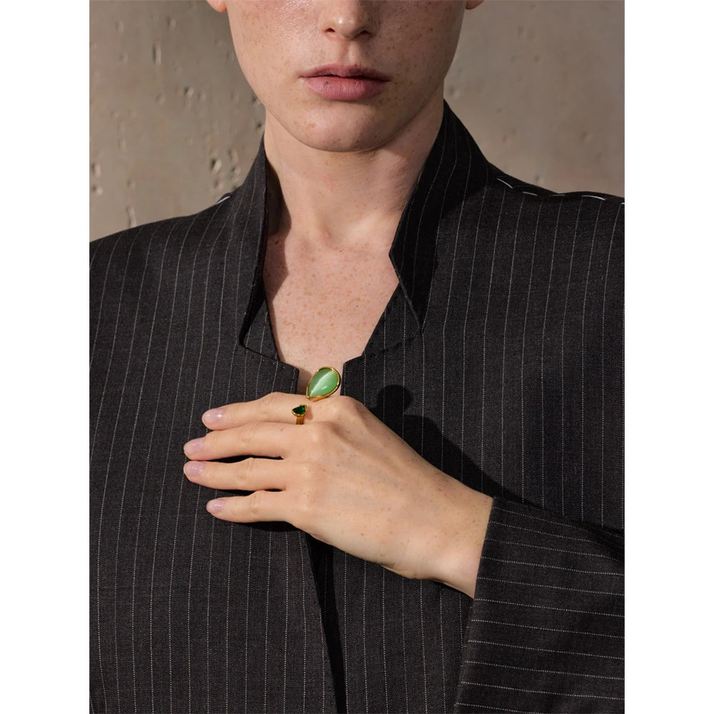 Arrival Green Natural Stone Zirconia Water Drop Geometric Golden Ring for Women Stainless Steel Stylish Jewelry Gift