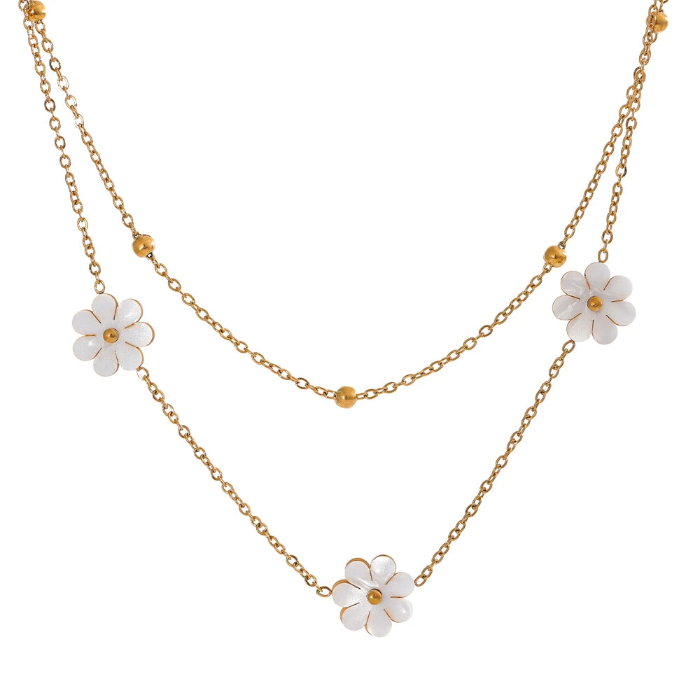Summer Imitation Shell Flower Double Layer Chain Necklace Anklet for Women Trendy Plant Charm Jewelry Bijoux Gift