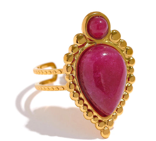 Vintage Natural Stone Artificial Agate Stainless Steel Metal Open Ring 18K Gold Plated Waterproof Fashion Jewelry Women
