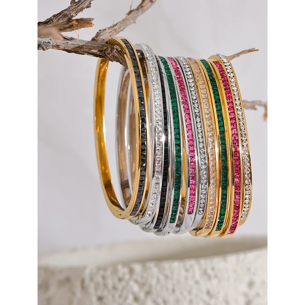 Two Shape Round Square Colorful Cubic Zirconia Stainless Steel Bracelet Bangle Luxury Fashion Women Jewelry Bijoux