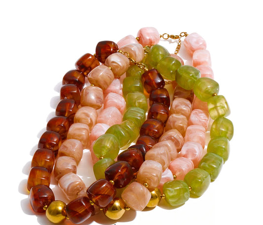 Acrylic Square Beads Chain Necklace Bracelet Bangle Stainless Steel Handmade Jewelry Waterproof Green Khaki Pink Amber