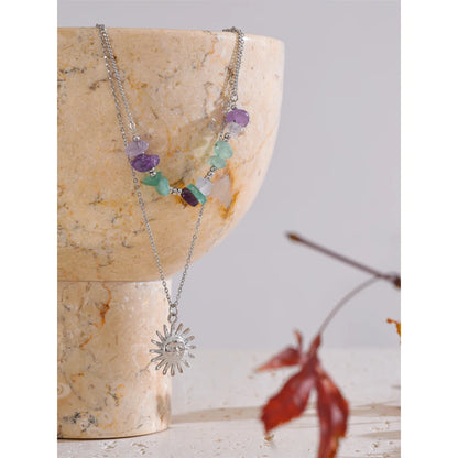 2025 Natural Stone Double-Layer Chain Sun Pendant Necklace for Women 316L Stainless Steel Handmade Jewelry Gift