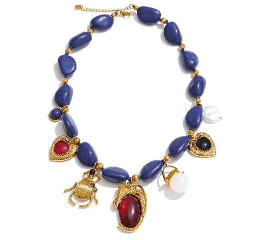 Stylish Unique Blue Acrylic Chain Pearl Heart Insect Drop Necklace Earrings Stainless Steel Charm Handmade Jewelry Gift