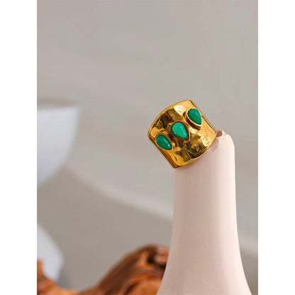 Green Natural Stone Stainless Steel 18k Gold Plated Metal Fashion Wide Ring Charm Texture Waterproof Jewelry for Women