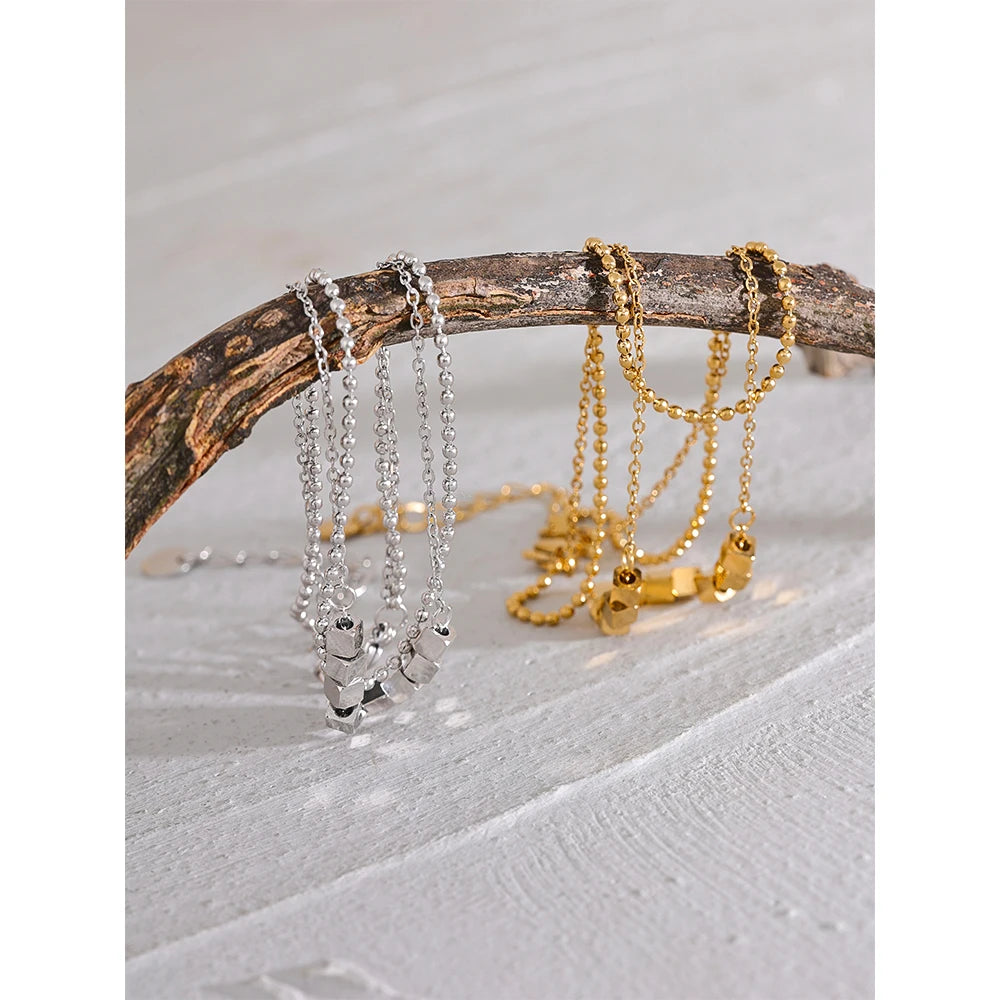 Waterproof Stainless Steel Square Bead Chain Layered Anklet for Women Gold Color Statement Summer Sandy Beach Jewelry