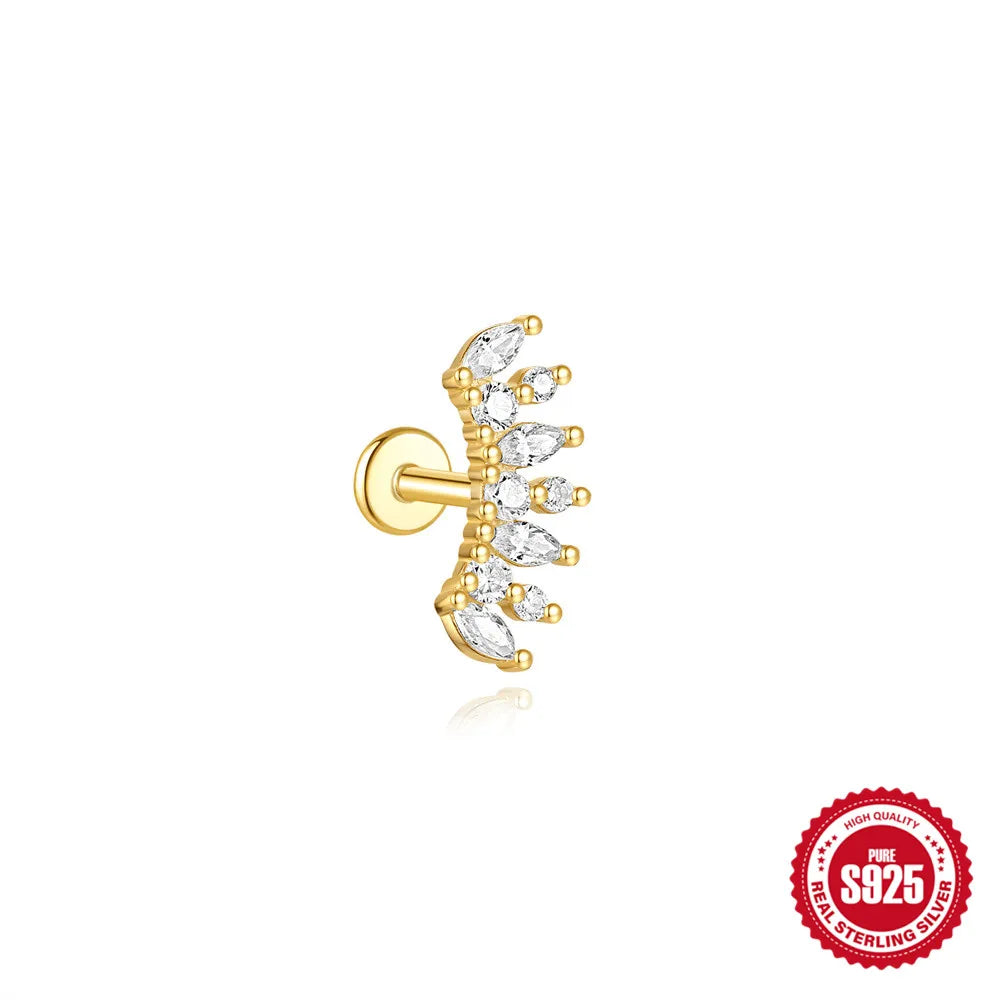 CANNER 1Pc 925 Silver Smooth Stars Moon Stud Earrings For Women 18K Gold Flat Head Threaded Puncture Ear Bone Ins Fine Jewelry