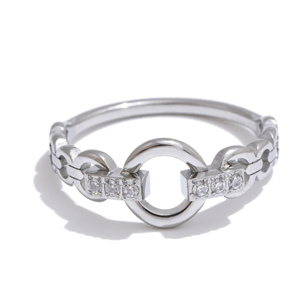 678# High Quality Stainless Steel Cubic Zirconia Setting Link Finger Ring Exquisite Stylish Jewelry Daily Gift for Self