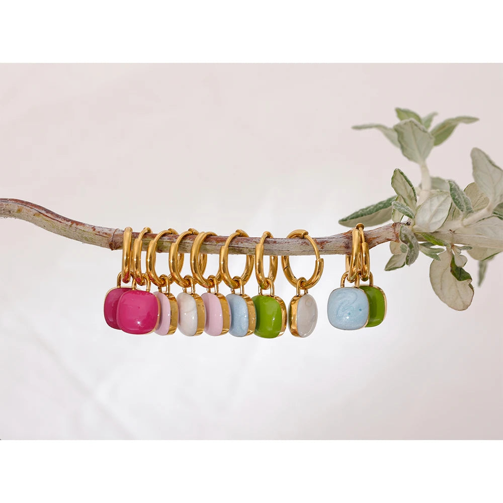 Colorful Enamel Candy Stainless Steel Square Drop Chic Hoop Earrings Women 18K PVD Plated Stylish Summer Jewelry Bijoux