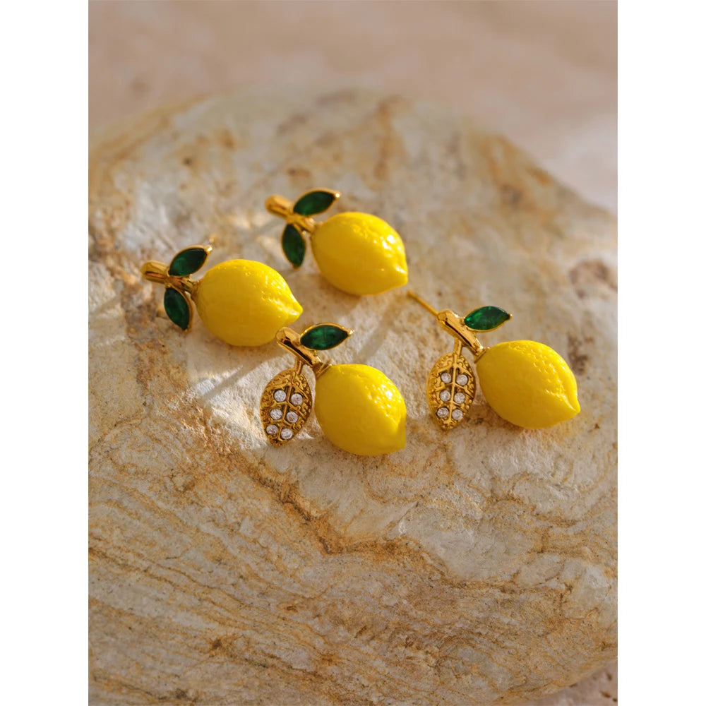 Fashion Yellow Resin Zirconia Fruit Lemon Dangle Earrings for Women Stainless Steel Arrivals Chic Jewelry Wholesale