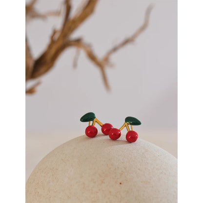 Hot Style Stainless Steel Enamel Cute Cherry Fashion Stud Earrings Gift Women Prevent Allergy Trending Exquisite Jewelry