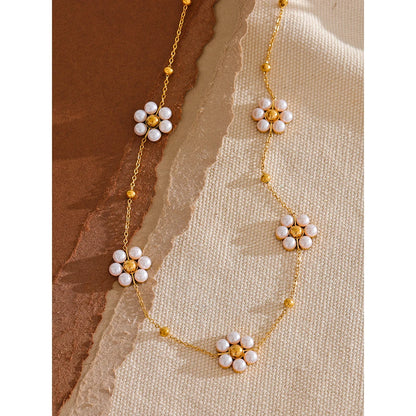 Fashion Imitation Pearls Handmade Flower Beads Chain Necklace Women 18K Gold Color PVD Stainless Steel Jewelry Waterproof