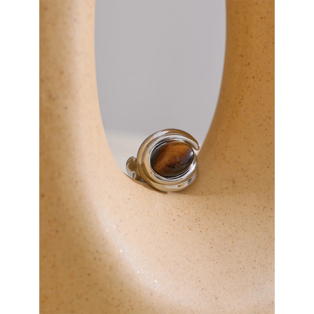 Popular Stainless Steel Natural Tiger Stone Finger Ring Gold Silver Color Waterproof Geometric Charm Jewelry