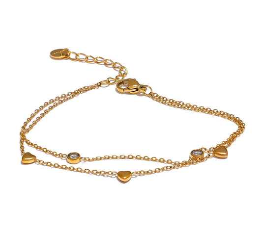 Delicate Chain Heart Zircon Double Layer Stacking Bracelet Bangle Chic Summer Stainless Steel Waterproof Jewelry Gift