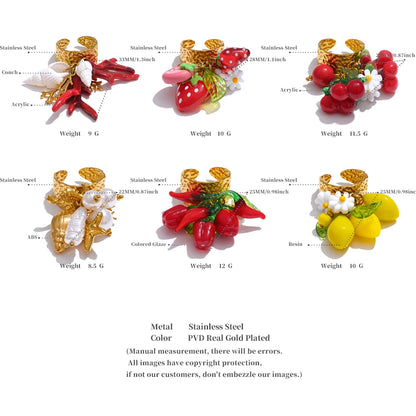 Exclusive Design Strawberry Cherry Chilli Shell Resin Drop Open Adjustable Ring 18K Golden Stainless Steel Charm Jewelry