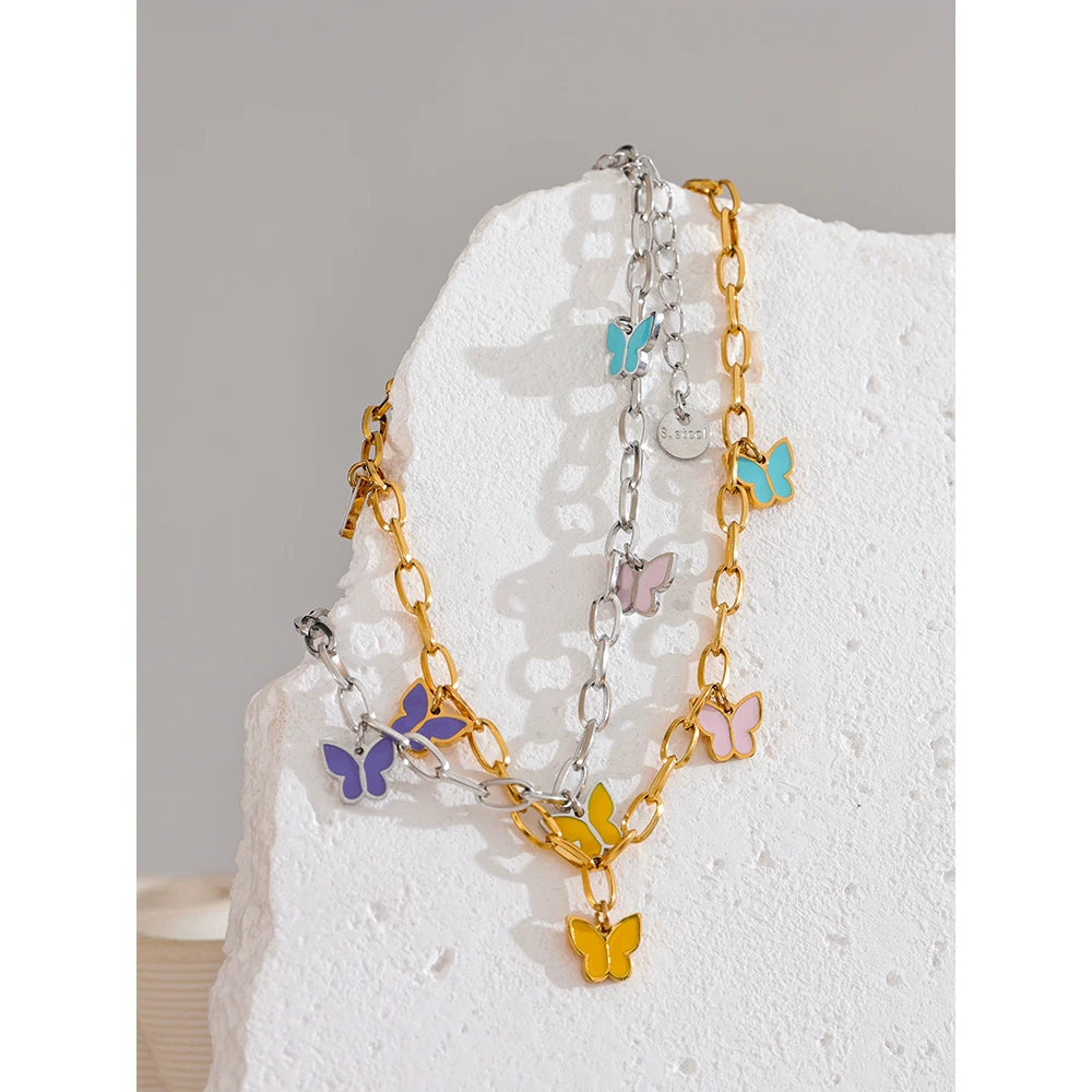 Summer Stainless Steel Enamel Butterfly Drop Chain Anklet for Women Waterproof 18K PVD Plated Fashion Jewelry