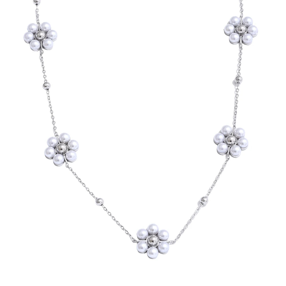 Fashion Imitation Pearls Handmade Flower Beads Chain Necklace Women 18K Gold Color PVD Stainless Steel Jewelry Waterproof