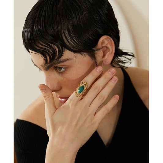 Vintage Green Natural Stone Stainless Steel Open Ring Geometric Gold Color Stylish Hyperbolic Trendy Jewelry for Women