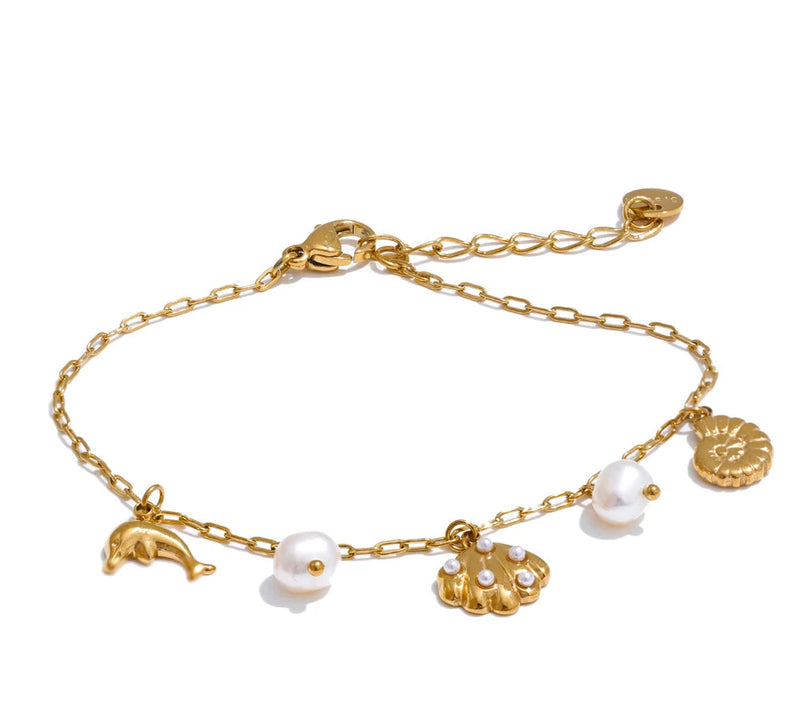 Ocean Style Stainless Steel Shell Conch Dolphin Pearls Drop Charm Anklet Fashion Exquisite Jewelry Bijoux Femme