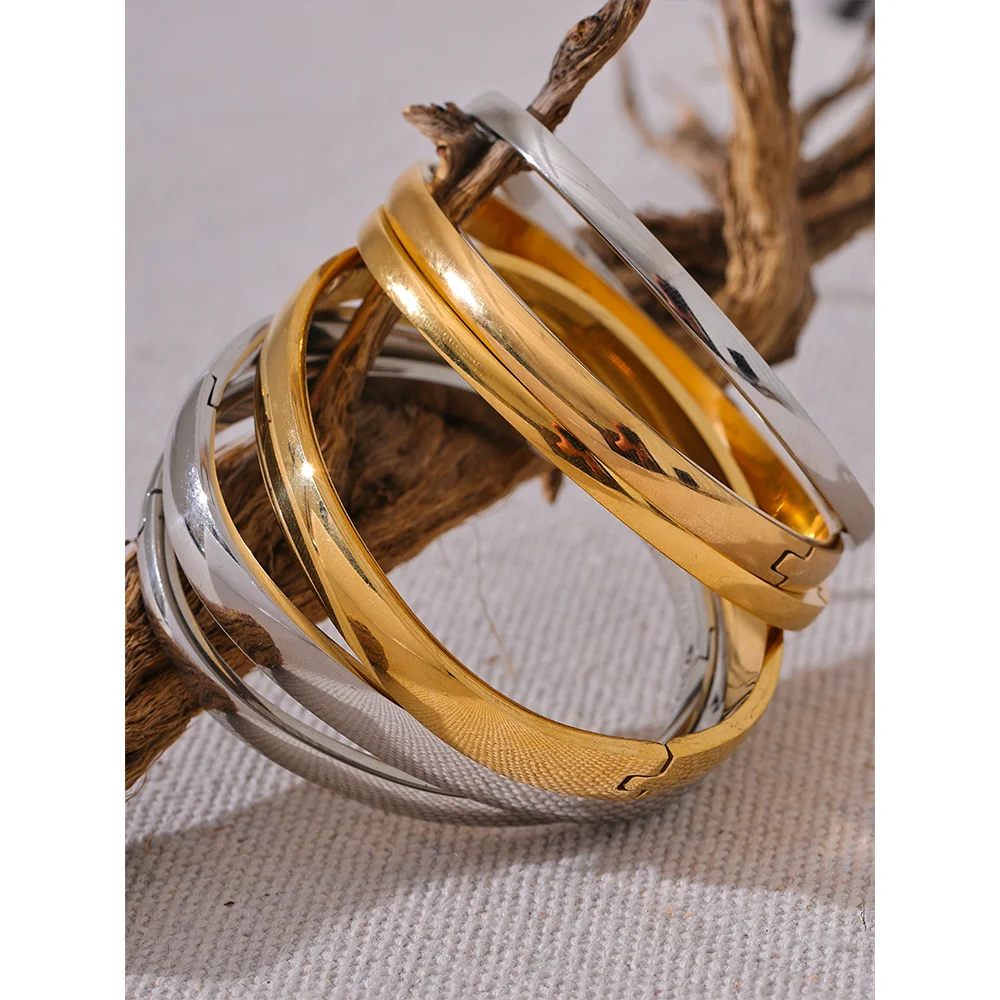 60mm Waterproof 316L Stainless Steel Round Smooth Bracelet Bangle Women Minimalist 18k Gold Color Texture Charm Jewelry