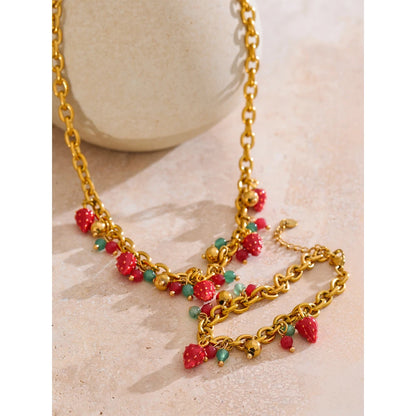Trendy Stainless Steel Red Enamel Stone Strawberry Drop Charms Necklace Bracelet Hot Style Golden Plated Handmade Jewelry