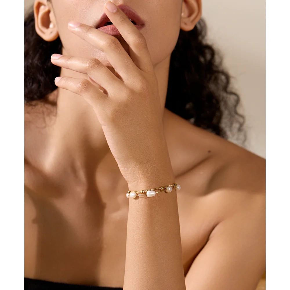 Natural Pearls Double Layer Chain Stainless Steel Charm Bracelet Bangle Women Stylish Summer Jewelry Waterproof