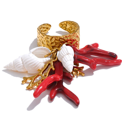 Exclusive Design Strawberry Cherry Chilli Shell Resin Drop Open Adjustable Ring 18K Golden Stainless Steel Charm Jewelry