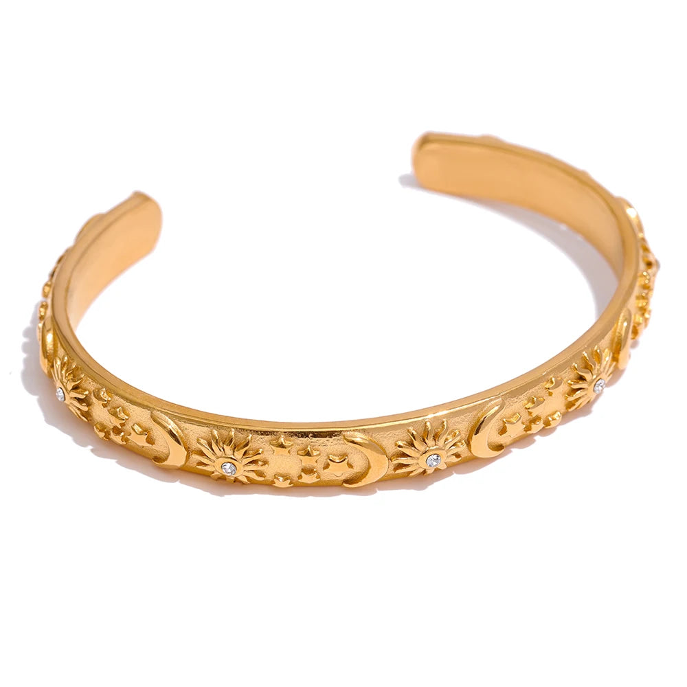 Golden Stainless Steel Moon Star Sun Bangle Bracelet  Stylish Metal Open Wrist браслеты на руку женкие Party Gift