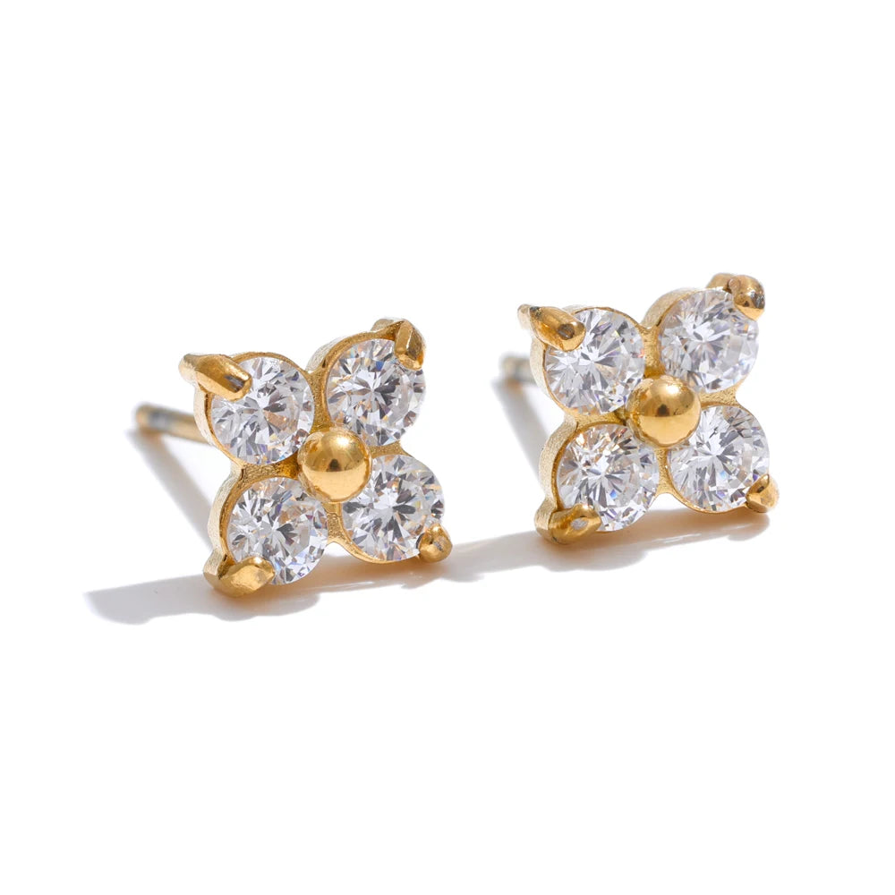 Popular Waterproof Shiny Cubic Zirconia Flower Sweet Stud Earrings 316L Stainless Steel Delicate Premium Daily Jewelry
