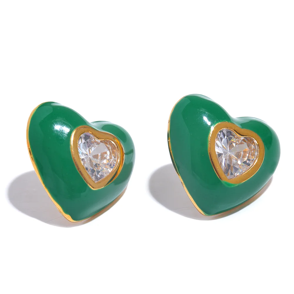 6Color Enamel Shiny Cubic Zirconia Stainless Steel Heart Colorful Stud Earrings Exquisite High Quality Y2K Fashion Jewelry
