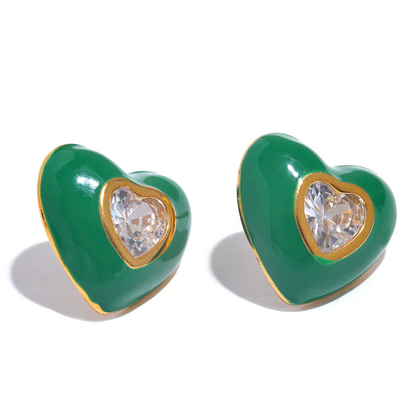 6Color Enamel Shiny Cubic Zirconia Stainless Steel Heart Colorful Stud Earrings Exquisite High Quality Y2K Fashion Jewelry