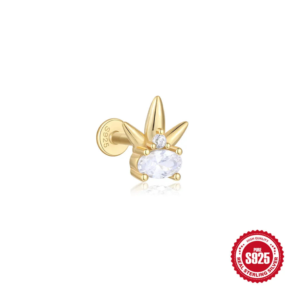 CANNER 1Pc 925 Silver Smooth Stars Moon Stud Earrings For Women 18K Gold Flat Head Threaded Puncture Ear Bone Ins Fine Jewelry