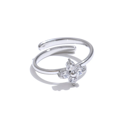 Exquisite Stainless Steel Bling Cubic Zirconia Flower Adjustable Ring for Women Fashion Shiny Finger Jewelry New